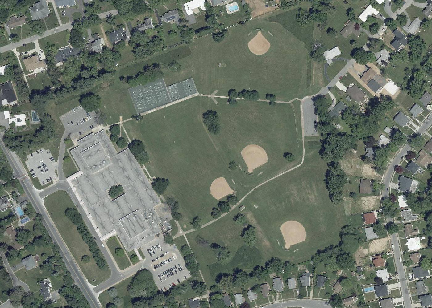 Aerial view of Klaff Sports Physical Therapy. Klaff Sports Physical Therapy - Field 1 is to the north-west; Klaff Sports Physical Therapy - Field 2 is to the south-west; Klaff Sports Physical Therapy - Field 3 is to the north-east; Klaff Sports Physical Therapy - Field 4 is to the north-east.