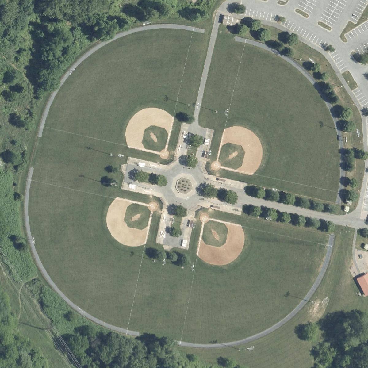 Aerial view of Friendship Circle. Friendship Circle - Field #1 is to the north-east; Friendship Circle - Field #2 is to the north-west; Friendship Circle - Field #3 is to the south-west; Friendship Circle - Field #4 is to the south-east.